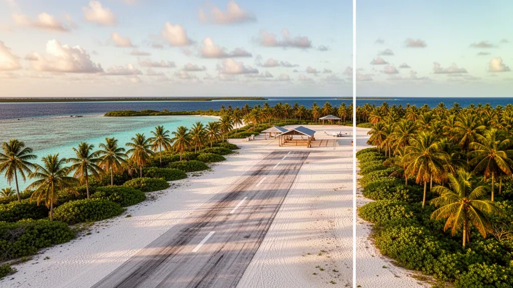 Piste d'atterrissage sur une île tropicale à l'aéroport de Majkin aux Îles Marshall, bordée de cocotiers et d'un lagon turquoise à l'heure dorée