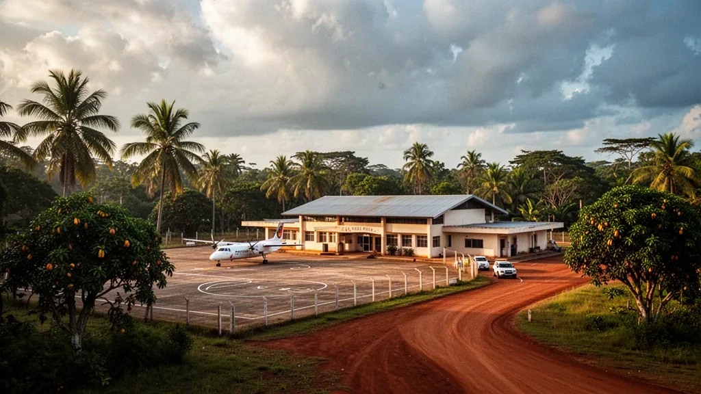 Veduta dell'Aeroporto Mouila Ville in Gabon durante la calda luce dorata, con il piccolo terminal, la vegetazione tropicale e il piazzale.