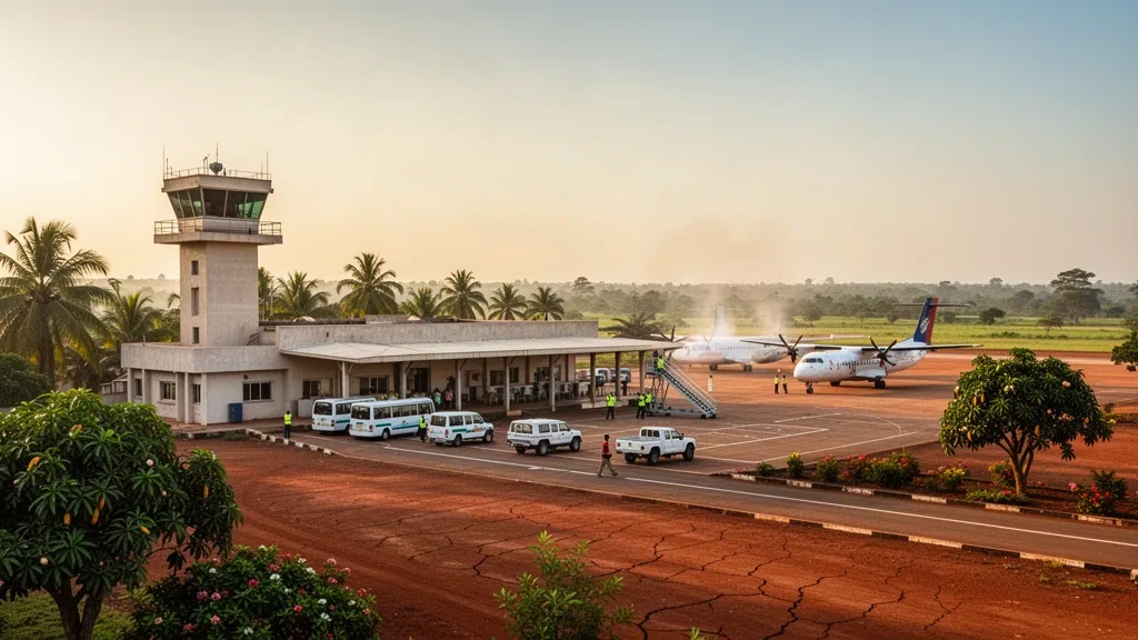 Terminal de baja altura y plataforma soleada en el aeropuerto de Mbuji-Mayi en la RDC, con una aeronave estacionada, vehículos y vegetación tropical en la hora dorada