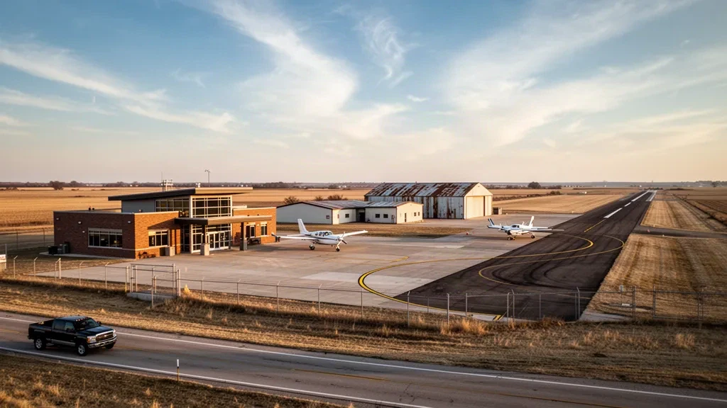 Golden-hour view of Jackson Municipal Airport in Minnesota with a small terminal, hangars and a single-engine aircraft on the ramp