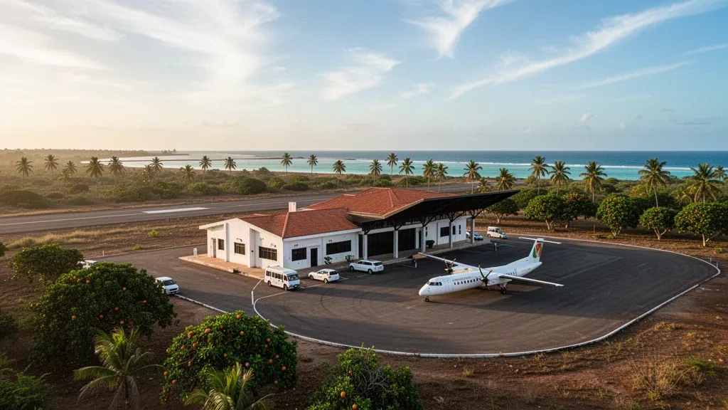 Terminal y plataforma del aeropuerto de Amborovy en Mahajanga, Madagascar, rodeados de palmeras tropicales a la hora dorada