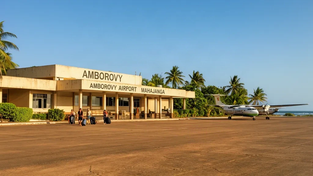 Esterno del terminal dell'Aeroporto di Amborovy a Mahajanga, Madagascar, con un piccolo aereo parcheggiato e luce diurna tropicale.