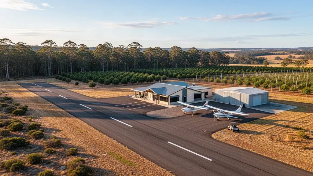 Pequeña pista regional, avión ligero y edificio de terminal bajo en el Aeropuerto de Manjimup rodeado de bosque de karri de Australia Occidental durante la hora dorada