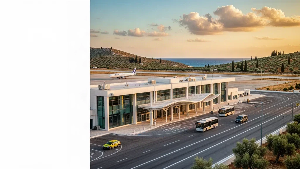 Modern terminal exterior at Mytilene International Airport on Lesbos, Greece, with Mediterranean hills and Aegean light.