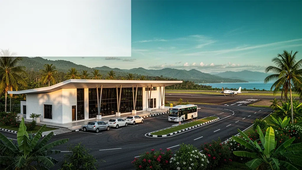 Tropical terminal exterior at Tampa Padang Airport in Mamuju, West Sulawesi, framed by palm trees, hills and a coastal bay