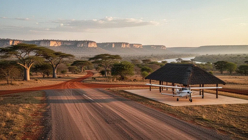 Remote bush airstrip serving Mahenye in Zimbabwe, with a gravel runway, thatched shelter and mopane woodland at golden hour.