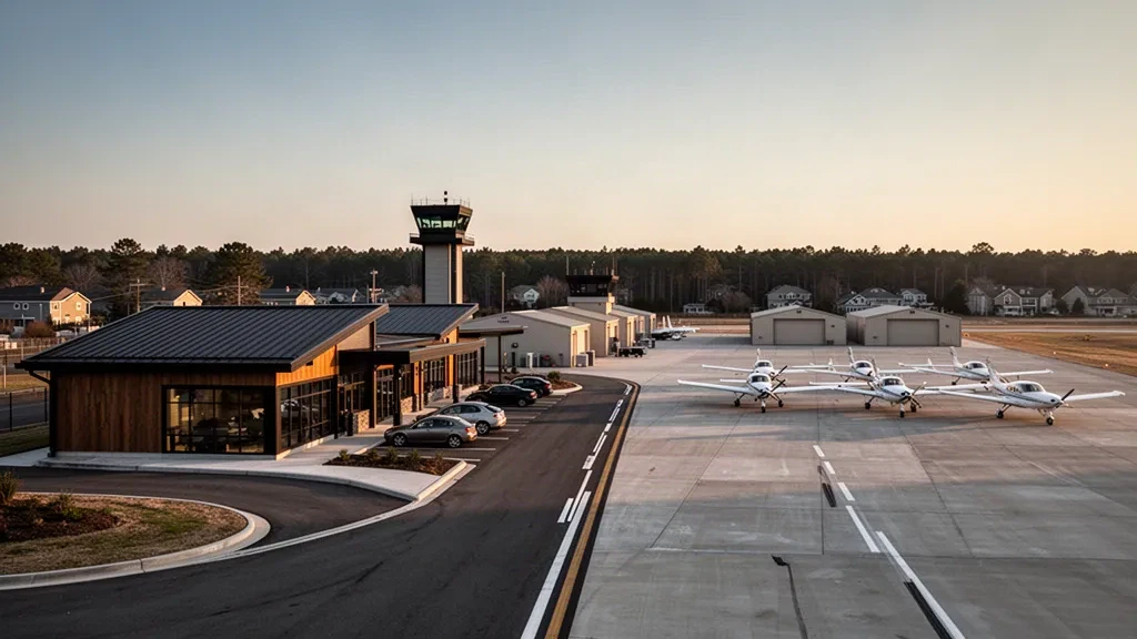 Terminal und Vorfeld der allgemeinen Luftfahrt mit Leichtflugzeugen am Ocean County Airport in Berkeley Township, New Jersey, zur goldenen Stunde