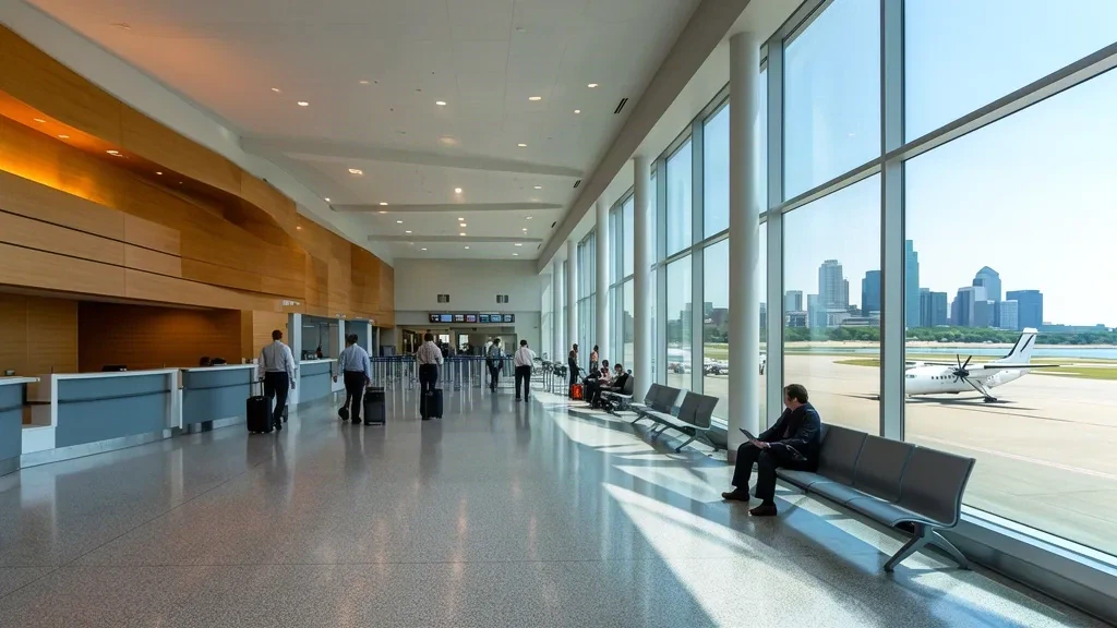 Sunlit terminal interior at Charles B. Wheeler Downtown Airport in Kansas City, with travellers at check-in and downtown skyline through the windows.
