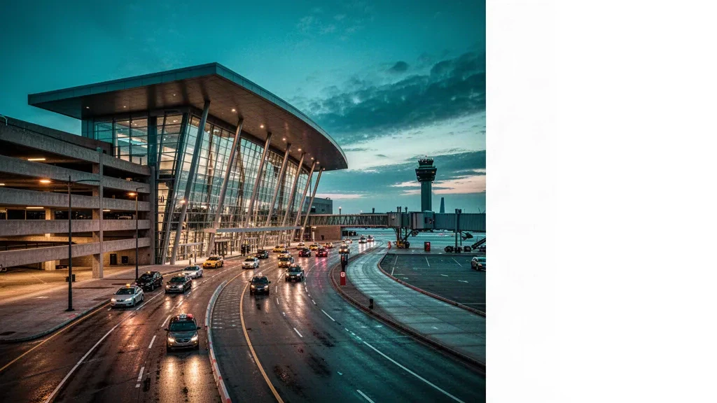 Modern glass terminal facade and curbside drop-off lanes at General Mitchell International Airport in Milwaukee at twilight