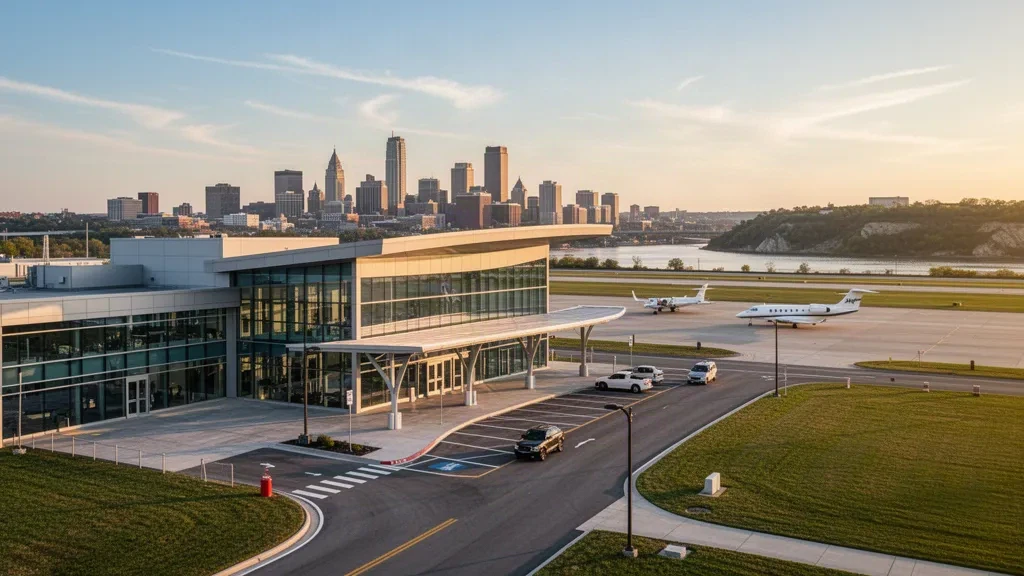 Modernes Glasterminal und Rollfeld am Charles B. Wheeler Downtown Airport in Kansas City mit der Skyline der Innenstadt zur goldenen Stunde