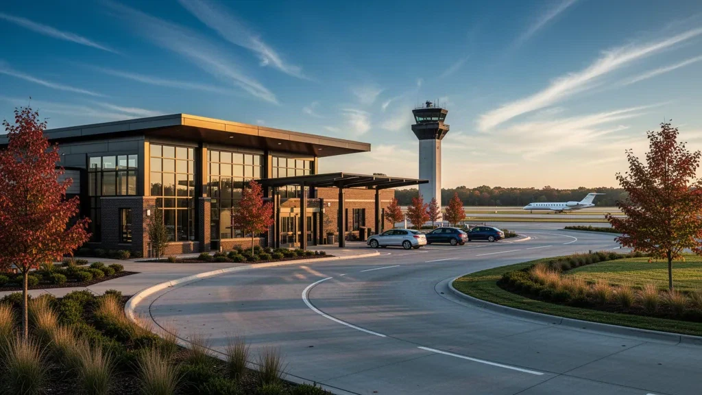 Blick zur goldenen Stunde auf das moderne Terminal aus Glas und Ziegelstein sowie die Vorfahrtsstraße am Muskegon County Airport in Michigan.