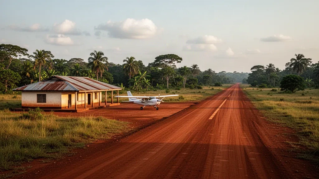 Unpaved laterite runway and small terminal building at M'Boki Airport near Obo, Central African Republic, in warm late-afternoon light.