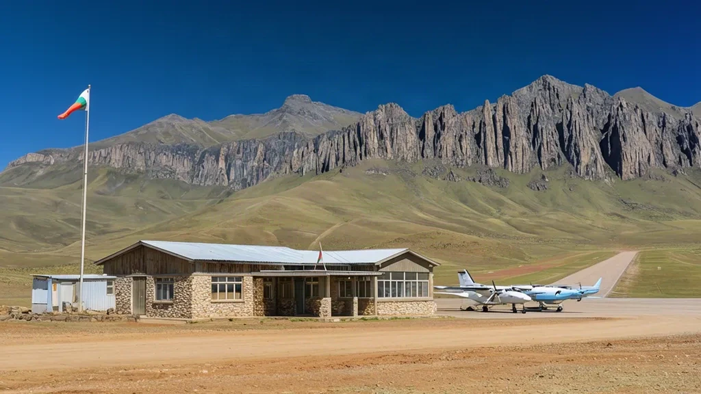 Lesotho'nun yaylalarındaki Mokhotlong Havalimanı'nda berrak mavi gökyüzü altında uzak dağ pisti ve küçük terminal binaları.