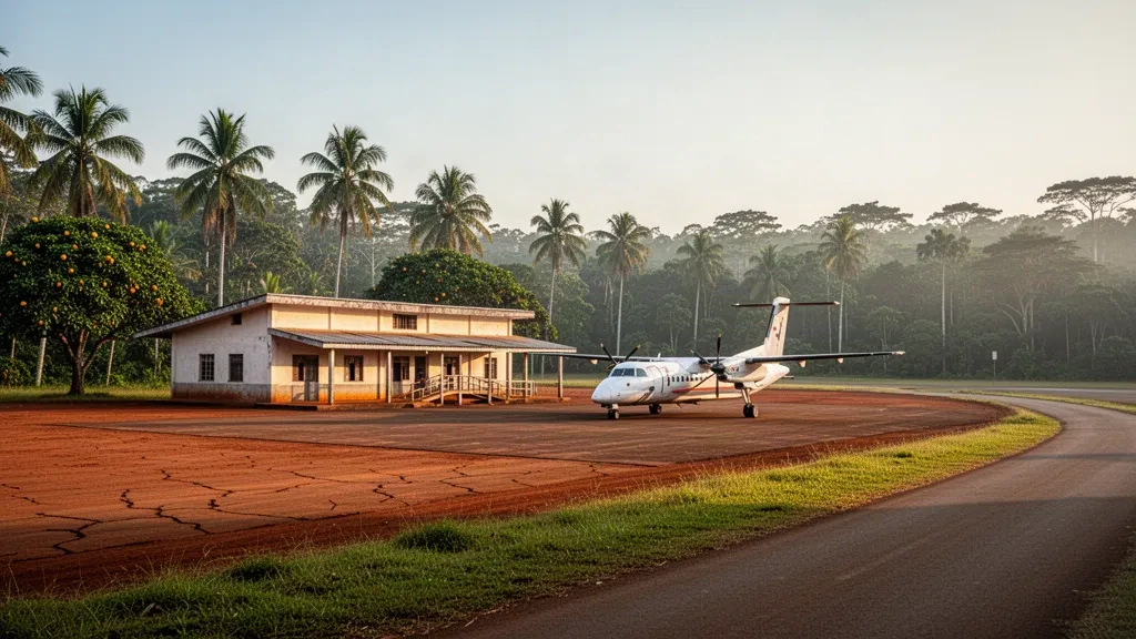 Piccola pista tropicale all'aeroporto di Makoua in Congo con un modesto edificio terminal, piazzale in terra rossa e palme in una luce calda