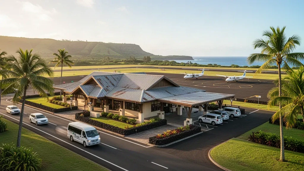 Low-rise open-air terminal and tropical palm-lined forecourt at Molokai Airport in Hawaii under warm golden-hour light