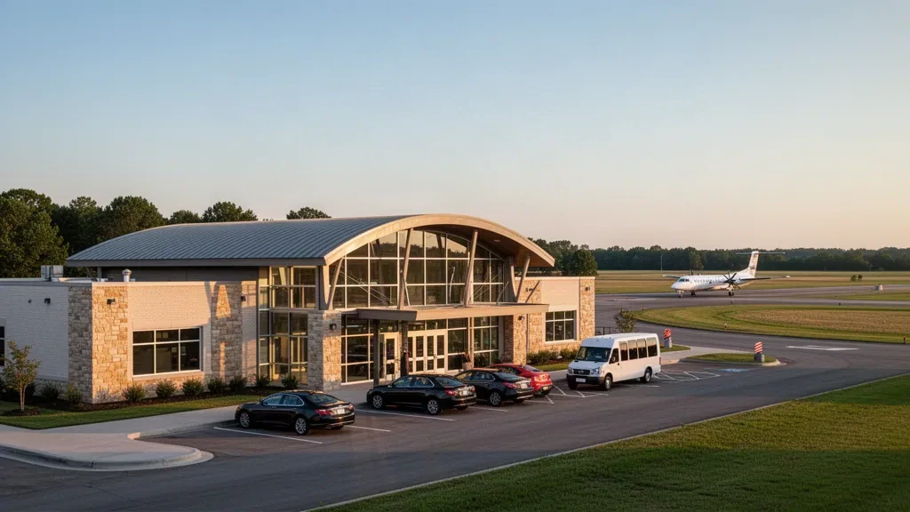 Low-rise terminal, curved entry canopy and drop-off lane at McKellar-Sipes Regional Airport near Jackson, Tennessee in golden-hour light