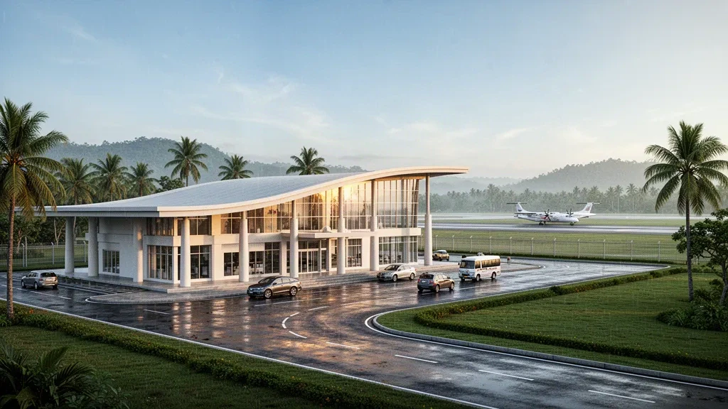Terminal aeroportuaria moderna con fachada de cristal y carril de descenso en el aeropuerto de Mukah, Sarawak, Malasia, rodeada de vegetación tropical a la hora dorada