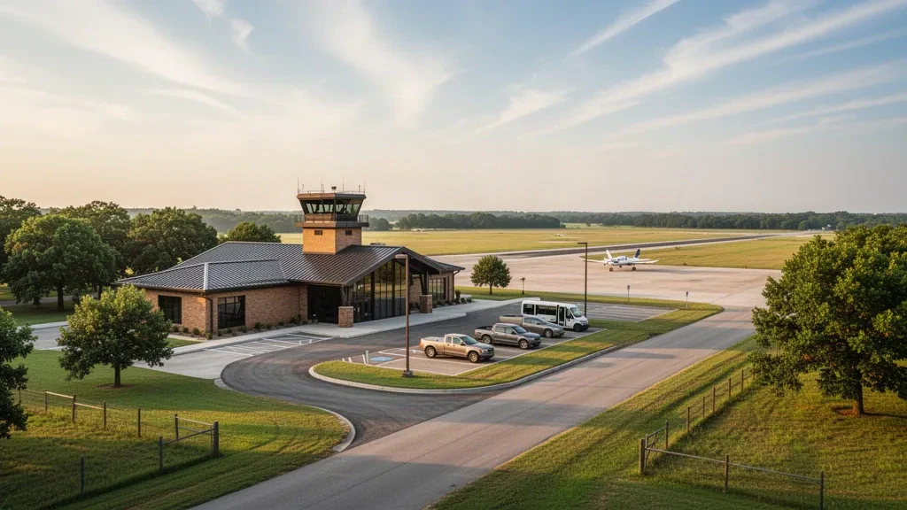 Terminal y plataforma del Aeropuerto Regional Muskogee-Davis en Oklahoma bajo una cálida luz de última hora de la tarde