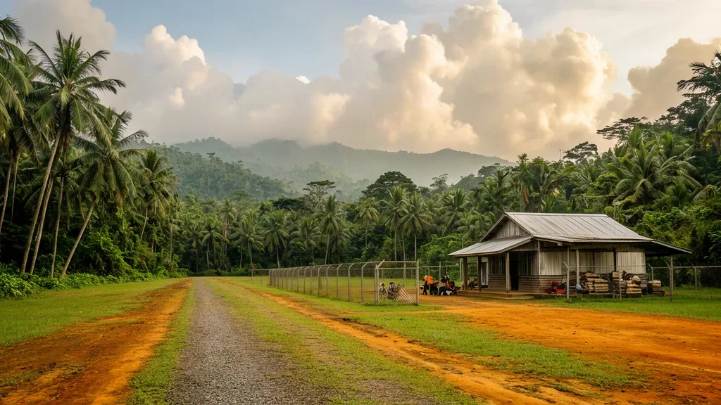 Piste d'atterrissage tropicale isolée et petit abri terminal à l'aéroport de Malekolon, dans la province de Nouvelle-Irlande, en Papouasie-Nouvelle-Guinée