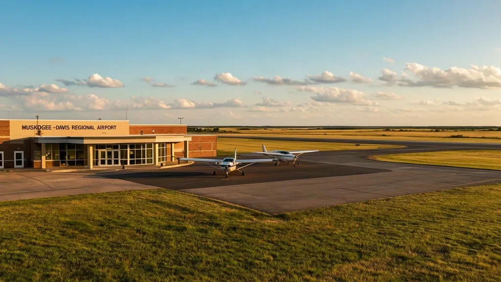 Veduta esterna del terminal dell'Aeroporto Regionale Muskogee-Davis in Oklahoma con aeromobili parcheggiati e paesaggio di prateria sotto un cielo sereno.