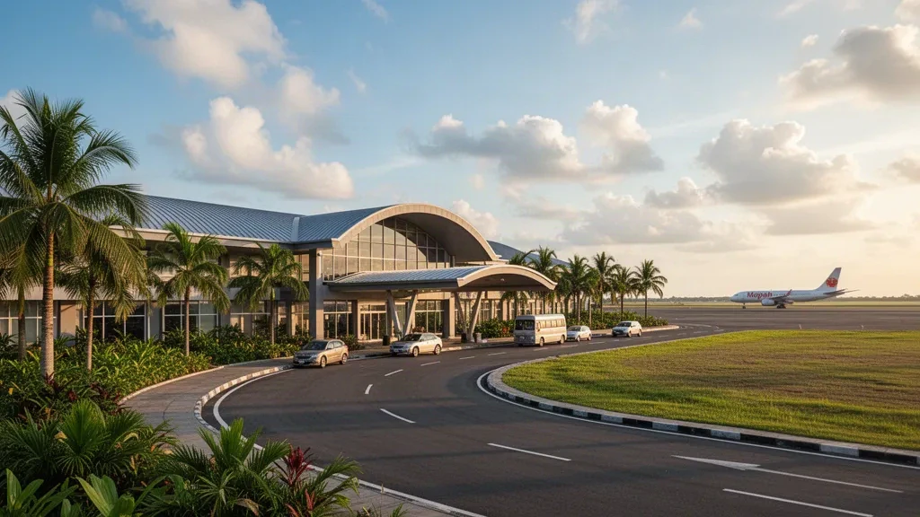 Modernes Terminalgebäude und tropische Vorfahrtspur am Mopah International Airport in Merauke, Süd-Papua, in warmem Nachmittagslicht.