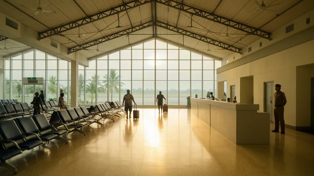 Intérieur du hall de départ de l'aéroport international Mopah à Merauke, Papouasie, avec des voyageurs en attente et une lumière tropicale vive à travers de grandes fenêtres
