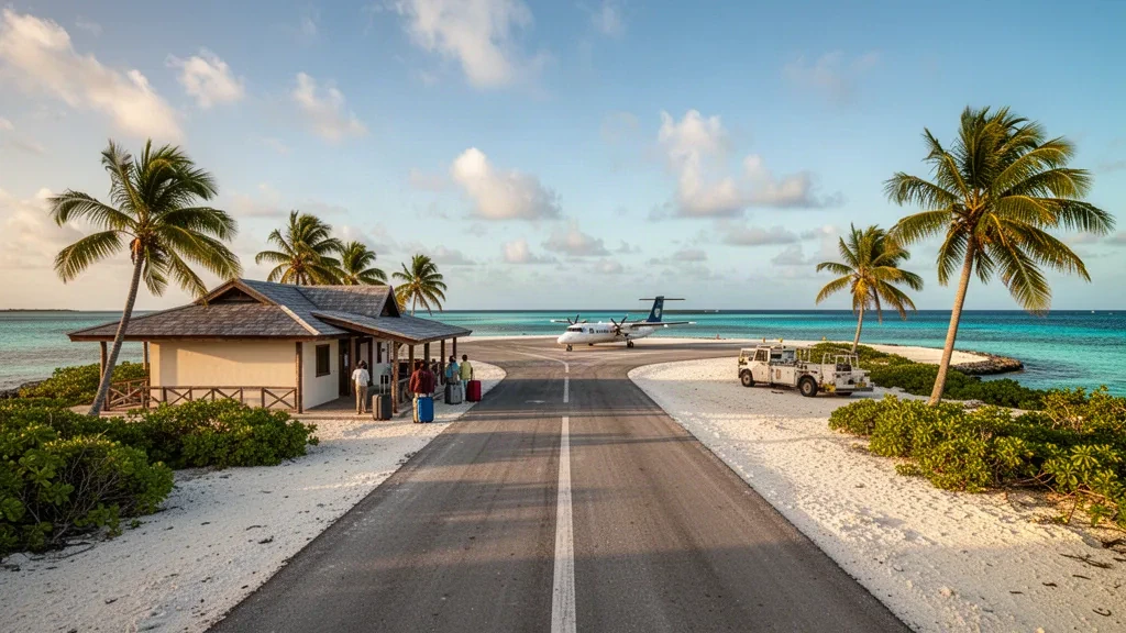 Piste d'atterrissage et petit terminal à ciel ouvert de l'aéroport de Makemo sur un atoll des Tuamotu, entourés de cocotiers et d'une eau de lagon turquoise en Polynésie française