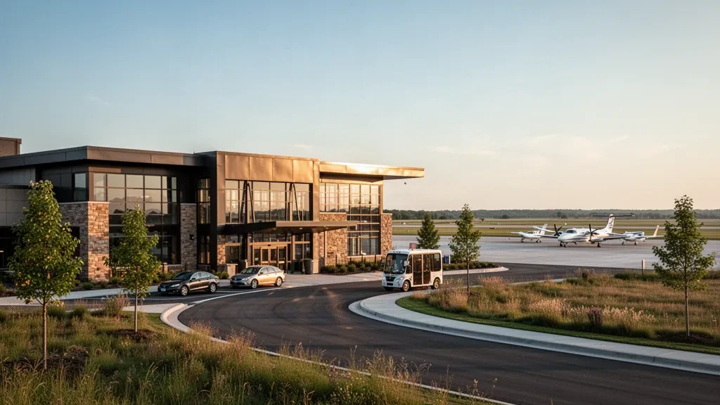Edificio terminal moderno de cristal y carril curvo de acceso en el aeropuerto regional de Mankato, Minnesota, durante la hora dorada