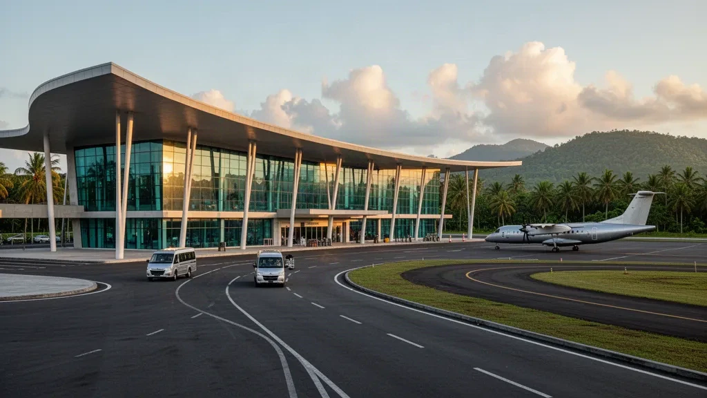 Modernes Glas-Terminal und Bringbereich am Rendani Airport in Manokwari, Westpapua, umrahmt von Palmen und grünen Hügeln zur goldenen Stunde