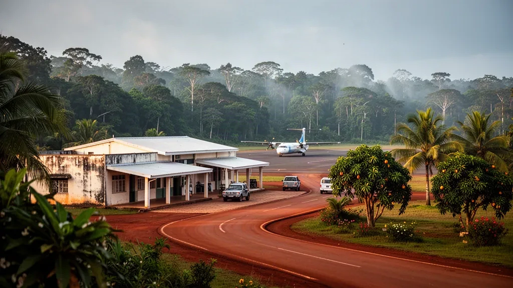 Terminal basso e ambiente di foresta pluviale all'aeroporto di Makokou in Gabon, con un piccolo aereo turboelica parcheggiato sul piazzale