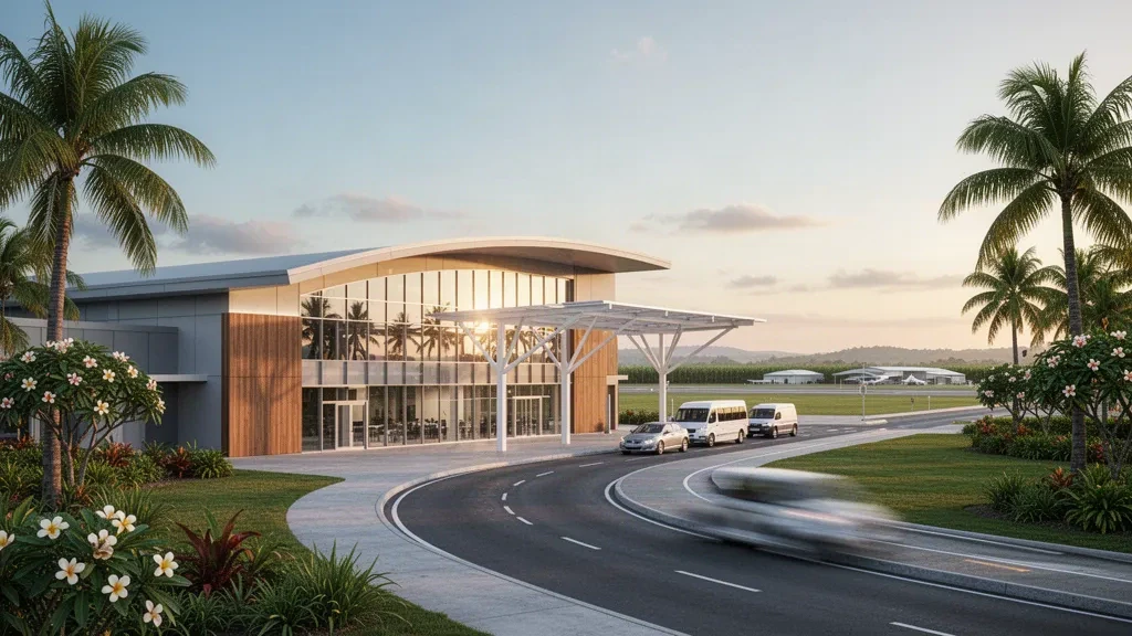 Esterno moderno del terminal aeroportuale in vetro con corsia di scarico bordata di palme all'aeroporto di Mackay nel Queensland tropicale, Australia, durante l'ora d'oro