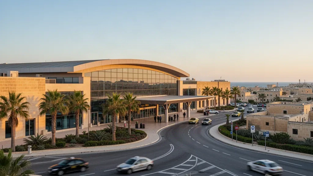 Modern Malta International Airport terminal exterior in Luqa at golden hour, with glass facade, palm-lined drop-off lanes and warm Mediterranean light