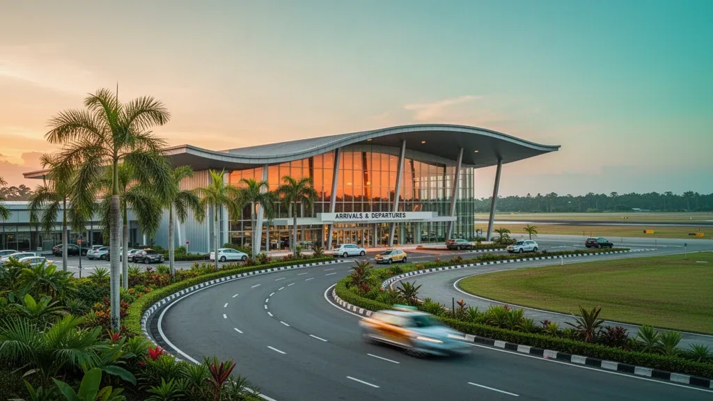 Terminal moderna de vidrio y carril de descenso bordeado de palmeras en el Aeropuerto Internacional de Malaca en Melaka, Malasia, fotografiado en la hora dorada