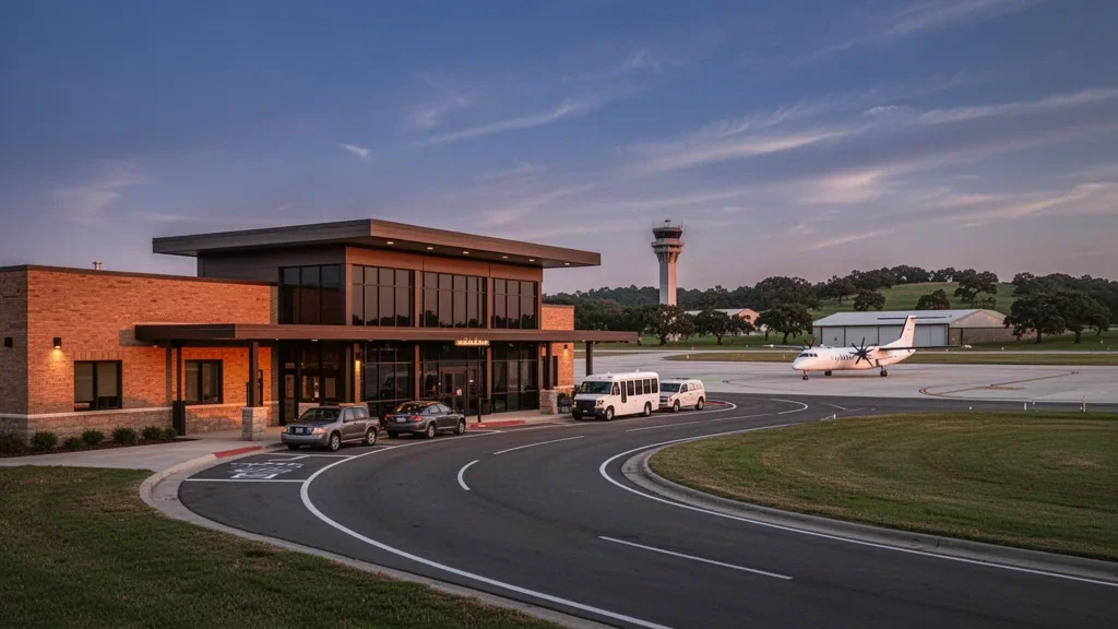 Edificio terminal bajo, carriles de descenso y una aeronave de cercanías estacionada en el Aeropuerto Regional de McAlester en Oklahoma al atardecer dorado