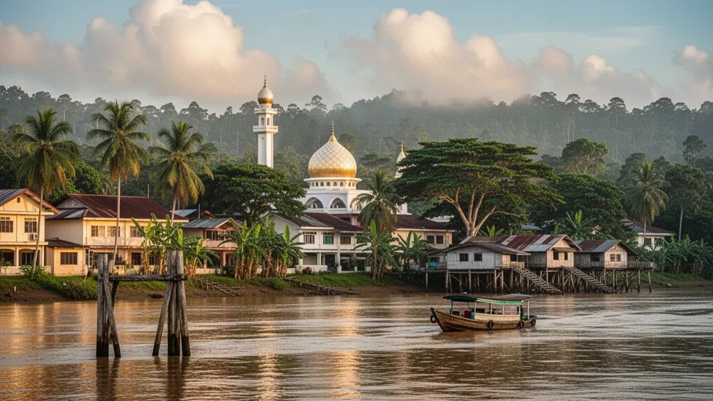 Veduta all'ora d'oro della città di Tutong in Brunei, con la moschea sul lungofiume, case su palafitte e palme tropicali lungo il Fiume Tutong