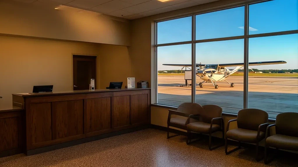 Oklahoma'daki McAlester Regional Havalimanı terminalinin içi, check-in kontuarları ve bekleme alanı.