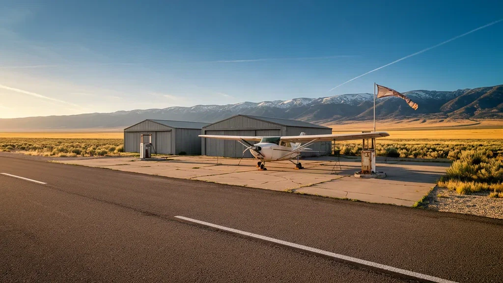 Piccoli aerei parcheggiati accanto a hangar bassi e una pista asfaltata tranquilla all'aeroporto di Malad City nell'Idaho rurale durante l'ora dorata