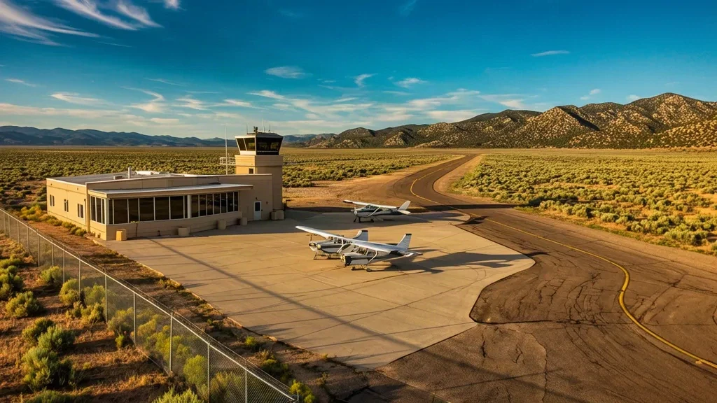 Terminal und Vorfeld des Milford Municipal Airport Ben and Judy Briscoe Field mit Leichtflugzeugen unter einem Wüstenhimmel von Utah