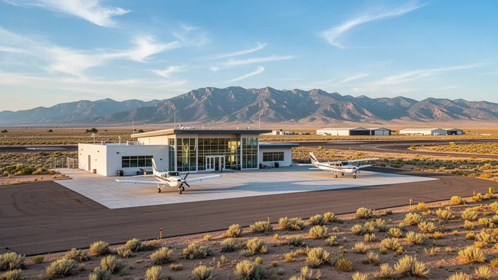 Milford, Utah'taki Ben and Judy Briscoe Field'da küçük belediye havalimanı terminali ve hangarlar, altın saatte çöl dağları.