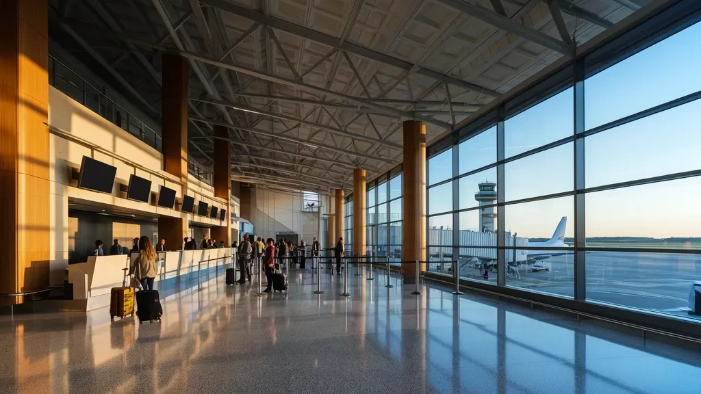Intérieur ensoleillé du terminal de l'aéroport international Quad City à Moline, Illinois, avec des voyageurs faisant la queue aux comptoirs d'enregistrement