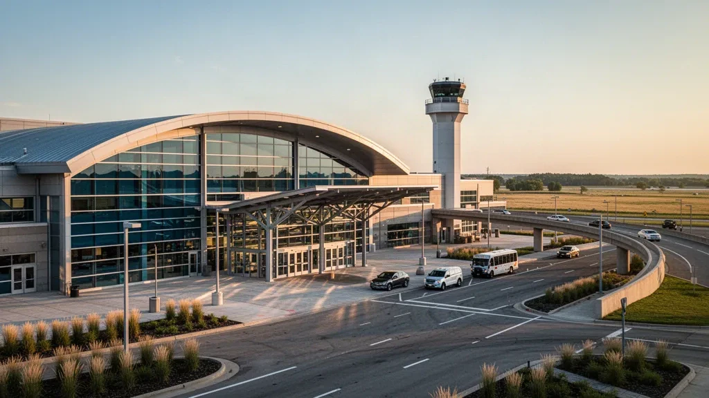 Illinois, Moline'deki Quad City International Havalimanı'nda altın saatlerde modern cam terminal ve kavisli giriş kanopisi.