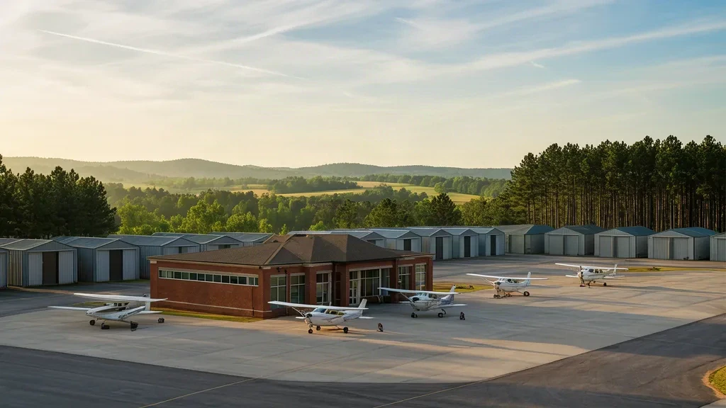 Brick terminal building and aircraft ramp at Baldwin County Regional Airport in Milledgeville, Georgia