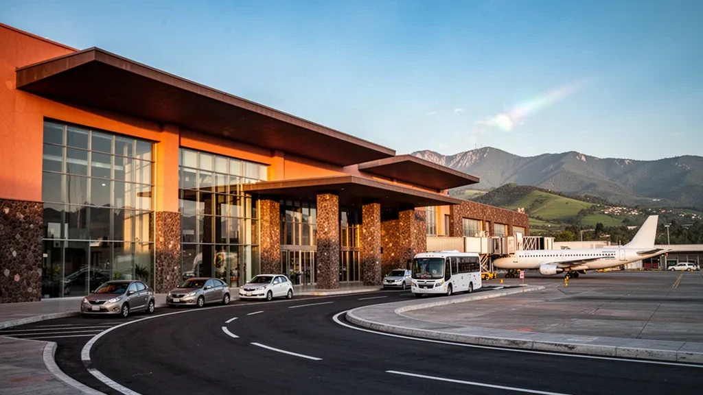 Wide golden-hour view of the modern stone and glass terminal at Morelia International Airport in Michoacán, Mexico, with a jet on the apron.