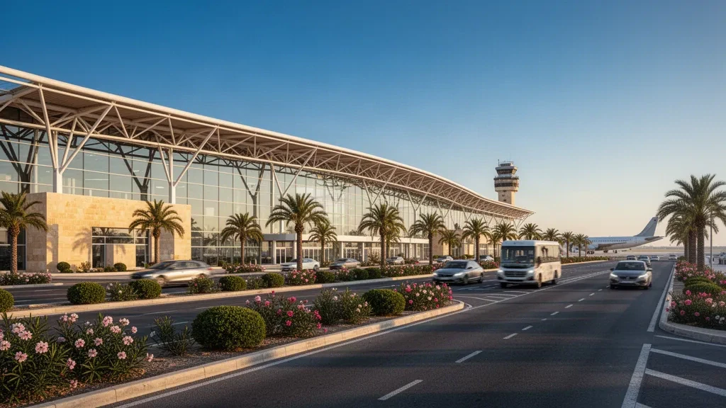 Moderne Glasfassade des Terminals am Malta International Airport in Luqa mit Palmen und warmem mediterranem Abendlicht