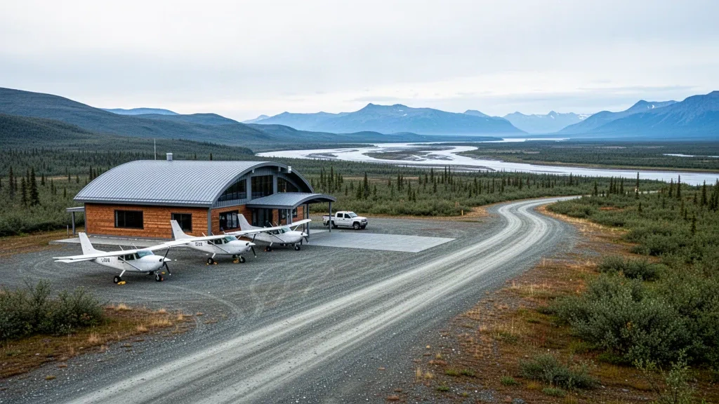 Pista de grava, pequeña terminal y avionetas ligeras estacionadas en el Aeropuerto Marshall Don Hunter Sr, en la zona rural de Alaska, bajo un amplio cielo subártico