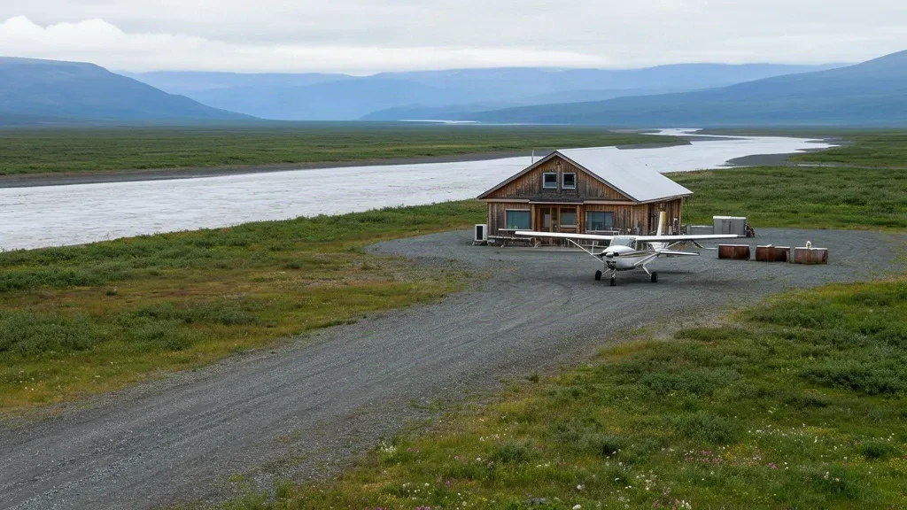 Pista de grava y pequeño edificio de madera del Aeropuerto Marshall Don Hunter Sr (MLL) en Marshall, Alaska, con una avioneta de bush estacionada bajo luz nublada.