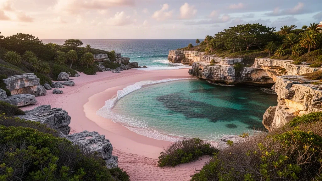 Plage de sable rose et eau turquoise à John Smith's Bay dans la paroisse de Smith's, aux Bermudes, encadrées par des rochers calcaires et de la végétation côtière.