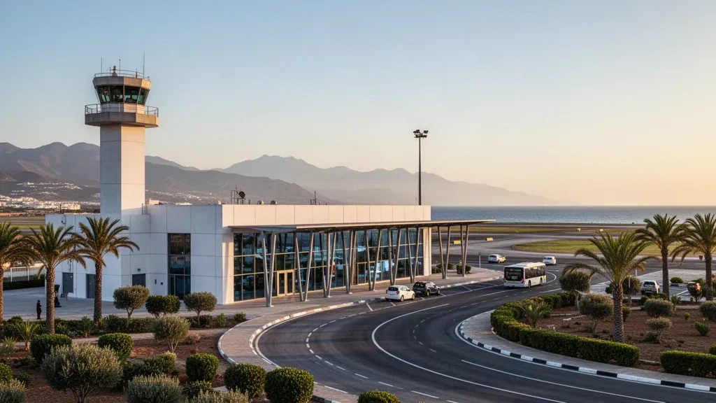 Modernes gläsernes Terminal und Kontrollturm am Flughafen Melilla im warmen Licht der goldenen Stunde, mit Palmen und der Mittelmeerküste im Hintergrund.