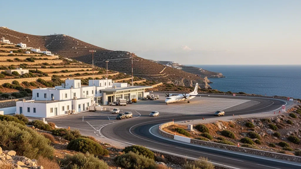 Whitewashed Cycladic terminal at Milos Airport in Greece with a small regional aircraft on the apron in bright Aegean light