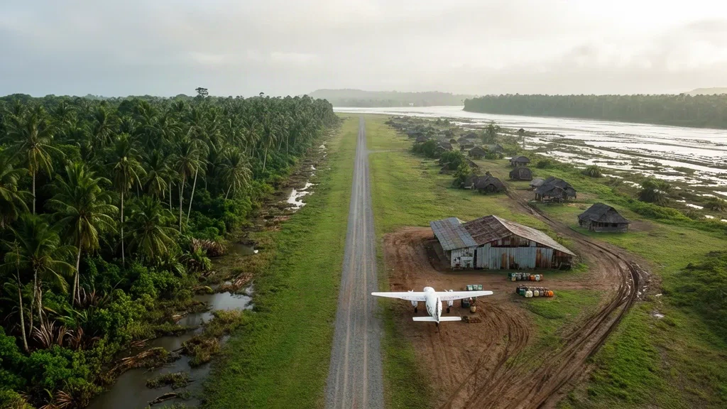 Remote grass airstrip at Malalaua Airport (MLQ) in Gulf Province, Papua New Guinea, bordered by rainforest and coastal village